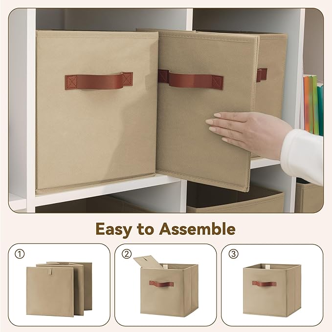 GRANNY SAYS Cube Storage Bins, 11 Inch Cube Storage Organizer with PU Handle, Fabric Storage Bins, Storage Cubes for Shelves, Closet, Khaki, 6-Pack