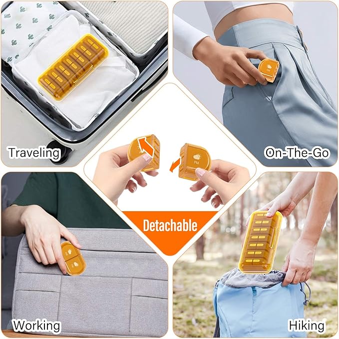 Weekly Pill Organizer 2 Times a Day, Moisture-Proof, Detachable Compartments, AM PM Pill Box 2X 7 Day, Travel Pill Organizer for Pills/Fish Oil/Medication/Vitamin/Supplements (Amber)