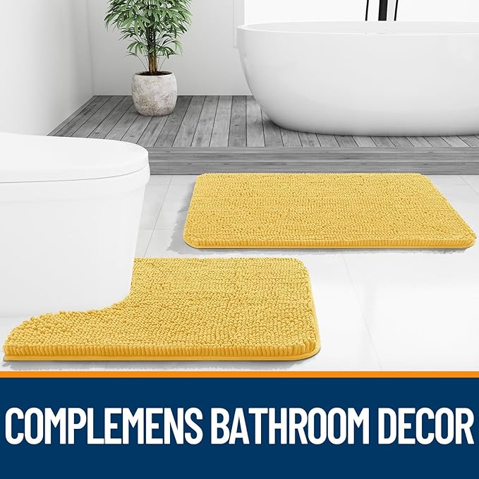 OLANLY Bathroom Rugs Sets 2 Piece, Soft Absorbent Chenille Bath Mats and U-Shaped Contour Toilet Mat Area Rug Set, Machine Washable Bath Carpet, Home Decor Accessories(24"x16"+24"x20", Yellow)