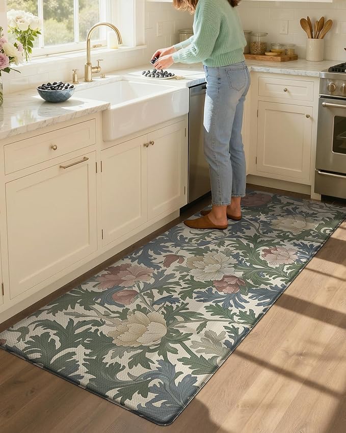 Color&Geometry Floral Kitchen Mat 24"x59", Anti Fatigue Mats for Kitchen Floor, Kitchen Rugs Non Slip, Waterproof & Oil Proof Kitchen Runner for Standing Desk Office, Sink - Floral Beige