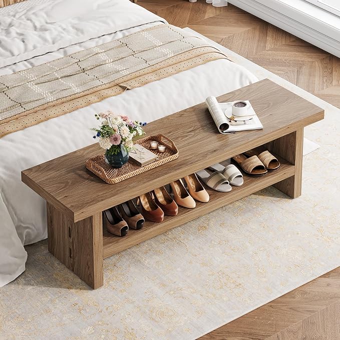 2 Tier Entryway Bench, 47.24" Shoe Bench, Rustic Shoe Rack, Wooden Storage Bench for Entryway Hallway Living Room Bedroom, Easy Assembly, Oak Color
