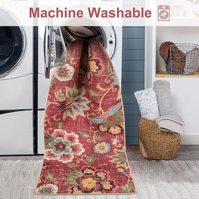 Beeiva Red Kitchen Rugs Non Slip Washable, 2x3 Floral Christmas Kitchen Entry Rug for Entryway Indoor Ultra Thin Small, Vintage Non-Shedding Front Door Mat Indoor Entrance Throw Carpet for Bathroom