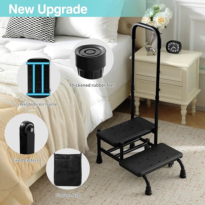NOVII Step Stool with Wheels and Storage Bag for Elderly, 2 Step Stool with Handle,Adjustable Bed Steps for High Beds for Adults,Portable Footstool for Bedroom, Kitchen, Bathroom（Black）