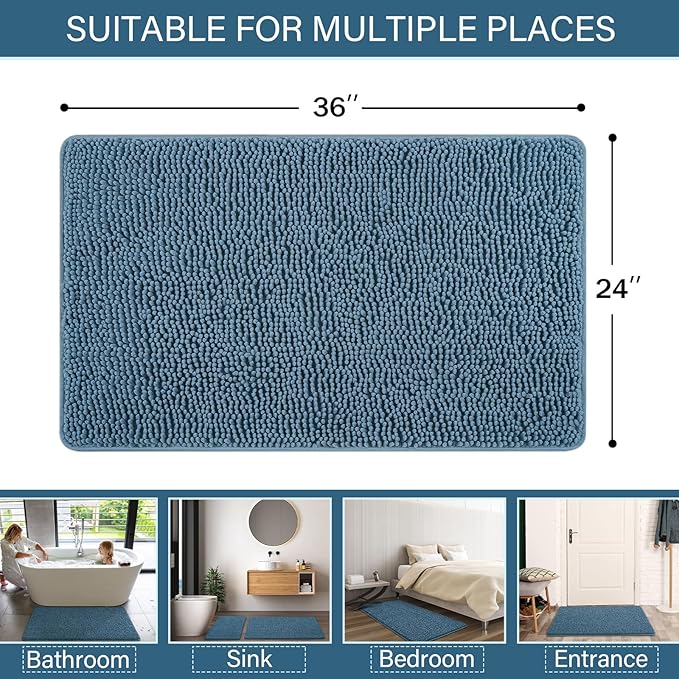 LOCHAS Luxury Bathroom Rug Shaggy Bath Mat 24 x 36 Inch, Washable Non Slip Bath Rugs for Bathroom Shower, Soft Plush Chenille Absorbent Carpets Mats, Denim Blue