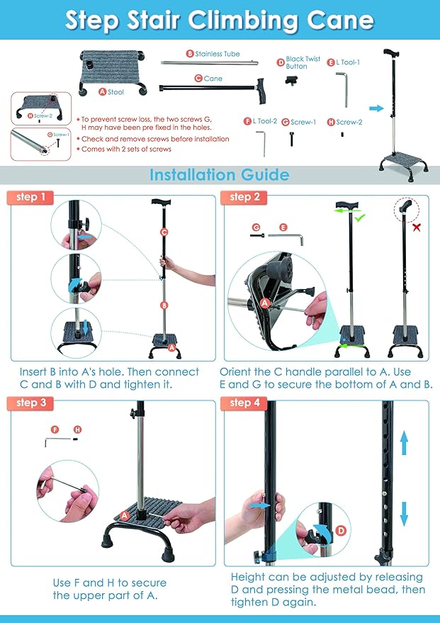 Stair Climbing Cane Half Step Stair Walker Aid Devices Stairway Lift for Elderly Seniors Assist Helper Adjustable 4 Pronged Quad Base Balance Stability Walking Sticks