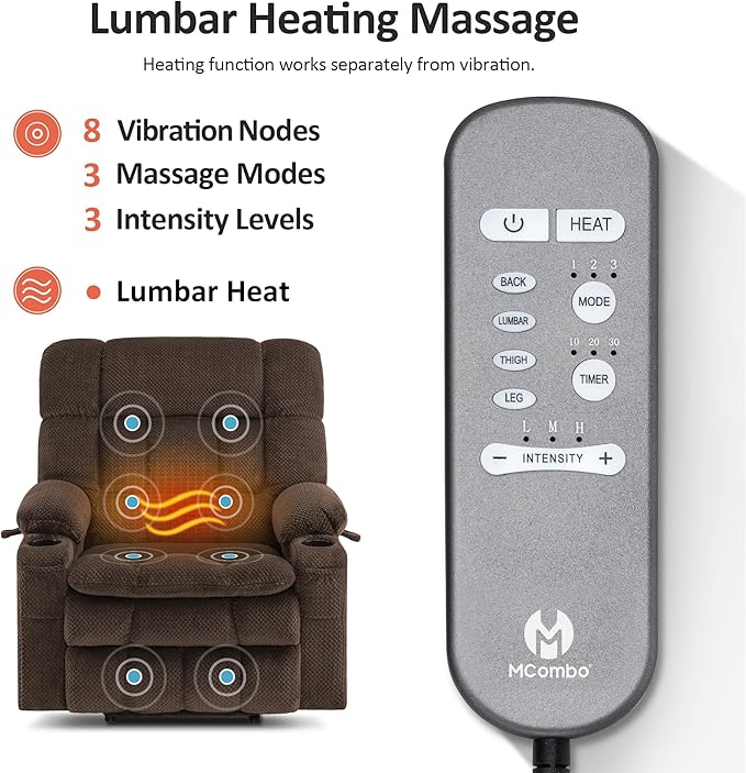 MCombo Dual Motor Power Lift Recliner Chair for Elderly, Lay Flat Lift Chair with Heat and Massage, Extra Wide Lift Recliner for Big People, Cup Holders, Fabric R7897 (Mocha, Medium-Wide)