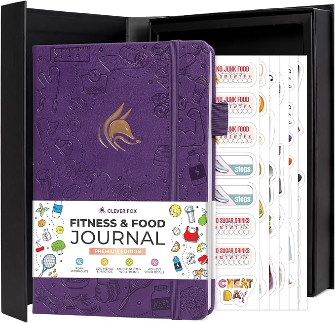 Clever Fox Fitness and Food Journal Premium – Guided Daily Workout, Meal & Weight Loss Tracker for Women & Men – Exercise Diet Planner (Purple)