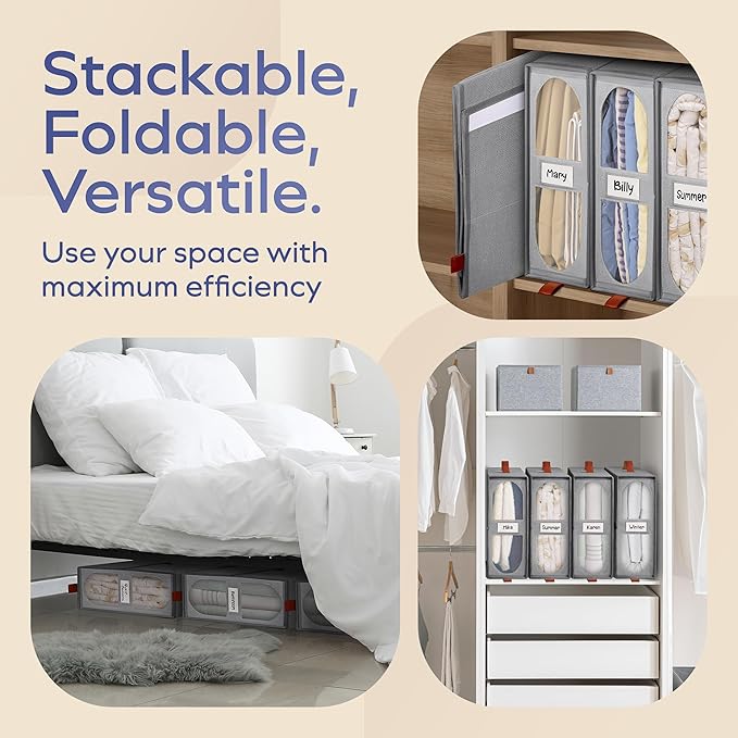8x Bed Sheet Organizer Storage Boxes with Big See-Through Windows | Bedsheet Organizers Redesigned. Robust Bed Sheet Storage | 15x13x5 Inches Sheet Organizers Containers (Gray)