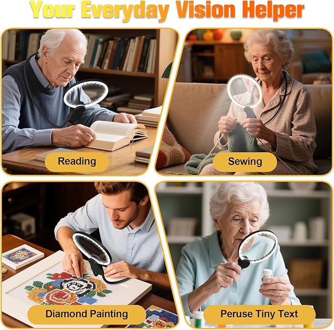 Hands Free Magnifying Glass with Light for Close Work, 5.5 Inch 5X Lighted Magnifying Glass, Neck Wear Magnifier for Reading Books, Sewing, Cross Stitch, Low Vision Seniors with Aging Eyes
