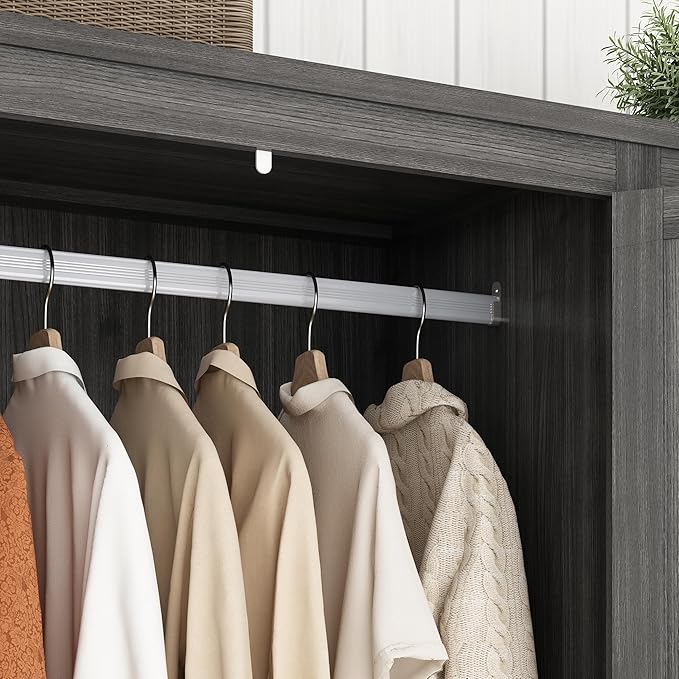 3 Doors Wardrobe Armoire Closet with Doors and Drawers, Farmhouse Wooden Armoire Storage Cabinet with Shelves & Hanging Rod for Bedroom, Grey
