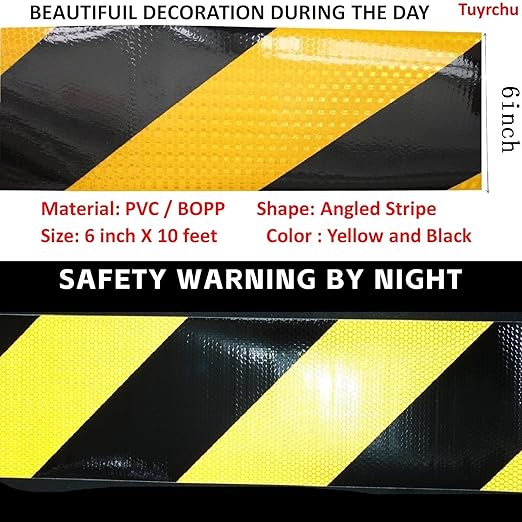Reflective Tape Yellow Black 6 inch X 10 feet, Outdoor Waterproof Hazard Conspicuity Warning Industrial Marking Tape