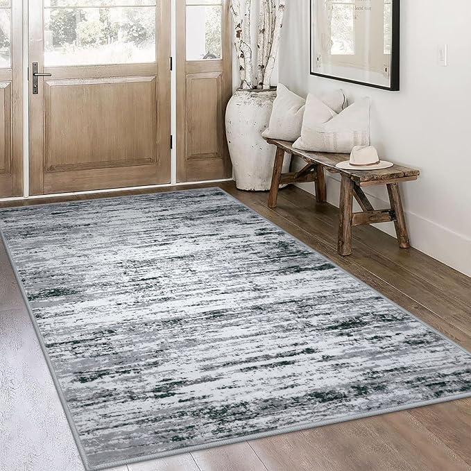 Modern Abstract 4x6 Living Room Washable Rug Non-Slip Soft Bedroom Area Rug Black Grey White Thin Print Faux Wool Floor Carpet Throw Rugs for Nursery Playroom Dining Room Indoor Home Decor