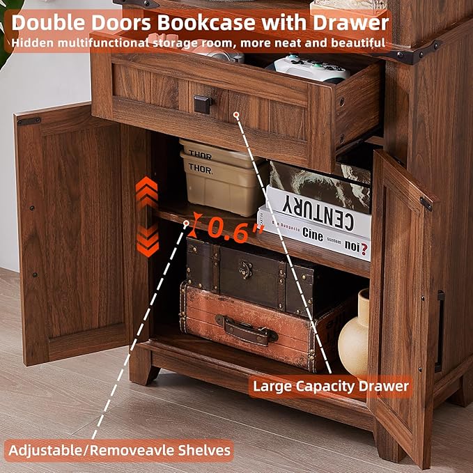 72in Tall Bookshelf 7 Tier Bookcase with Drawer and Barn Doors and Adjustable Shelves, Brown Farmhouse Book Shelf with Storage Cabinet, Wood Freestanding Display Bookshelves for Kitchen (4PCS)