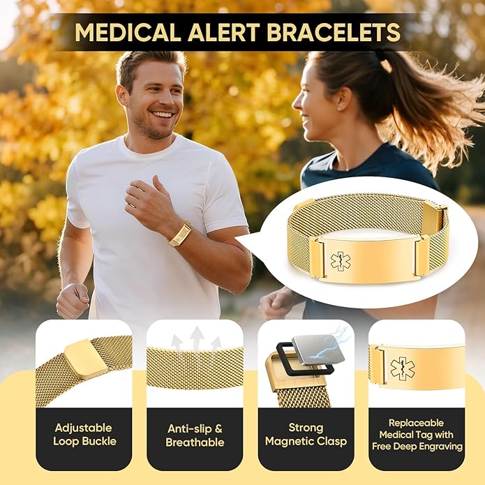 VNOX Medical Alert Id Bracelet for Men Women, Custom Engraving Adjustable Stainless Steel Customizable Mesh Emergency Survival Medic Bracelets Wristband Loop Band with Replacement Tag