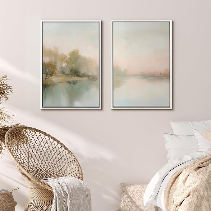 MUDECOR Framed Canvas Print Wall Art Tranquil Reflection Serene River Landscape Illustrations Modern Art Decorative Bohemian Chic for Living Room, Bedroom, Office - 16"x24"x2 White