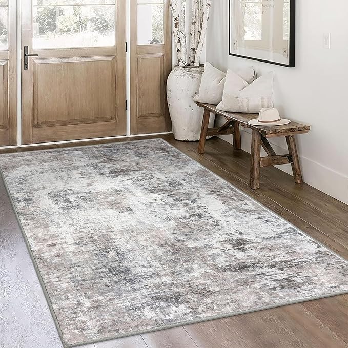 Modern Abstract 4x6 Living Room Washable Rug Non-Slip Soft Bedroom Area Rug Beige Grey Neutral Thin Print Faux Wool Floor Carpet Throw Rugs for Nursery Playroom Dining Room Indoor Office