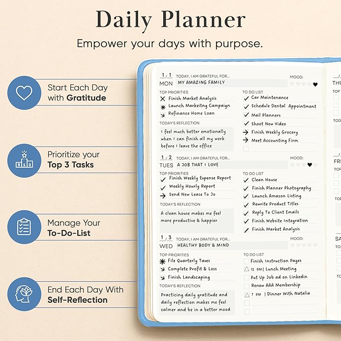2026 Planner, Daily Journal & Gratitude Journal All-In-One with To Do List, Self Care Prompts & Habit Tracker - 7 x 10 - Blue