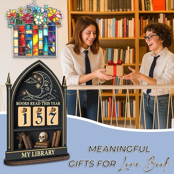 Books Read This Year Counter, Fantasy Book Tracker Sign for Home Library Decor, Bookworm Gift for Women, Teachers, Writers, Gothic Readers, Bookshelf Accessories with Book Suncatcher Ornament FF815