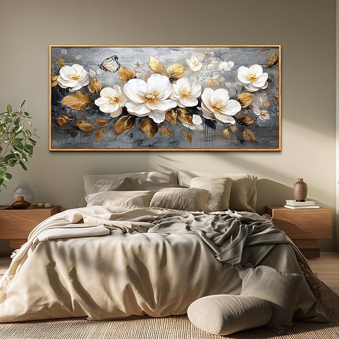 FUHAIHUA Wood Framed Canvas Wall Art For Living Room Large Wall Decor For Office Bedroom Decoration White Flower Pictures Farmhouse Painting Artwork Room Wall Mural Aesthetic Home Decor 32x72