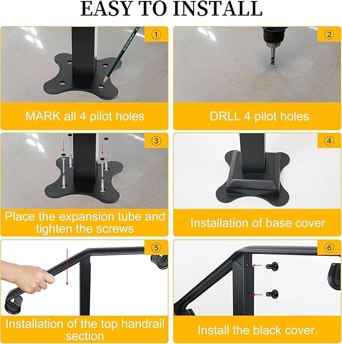 Handrail Railing, Single Post Handrail, Stair Railing for Concrete,Sturdy Handrails with Base, Mountable Iron Stair Handrail for 1 or 2 Steps, Grab Rail for Steps Porch, Railings for Outdoor Step