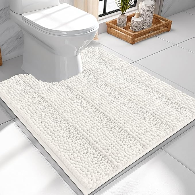 OLANLY Thick Toilet Rugs U-Shaped 24x20, Extra Soft Absorbent Chenille Striped Contour Bathroom Rugs for Toilet, Dry Quickly, Machine Washable, Non-Slip Bath Mat, Ivory