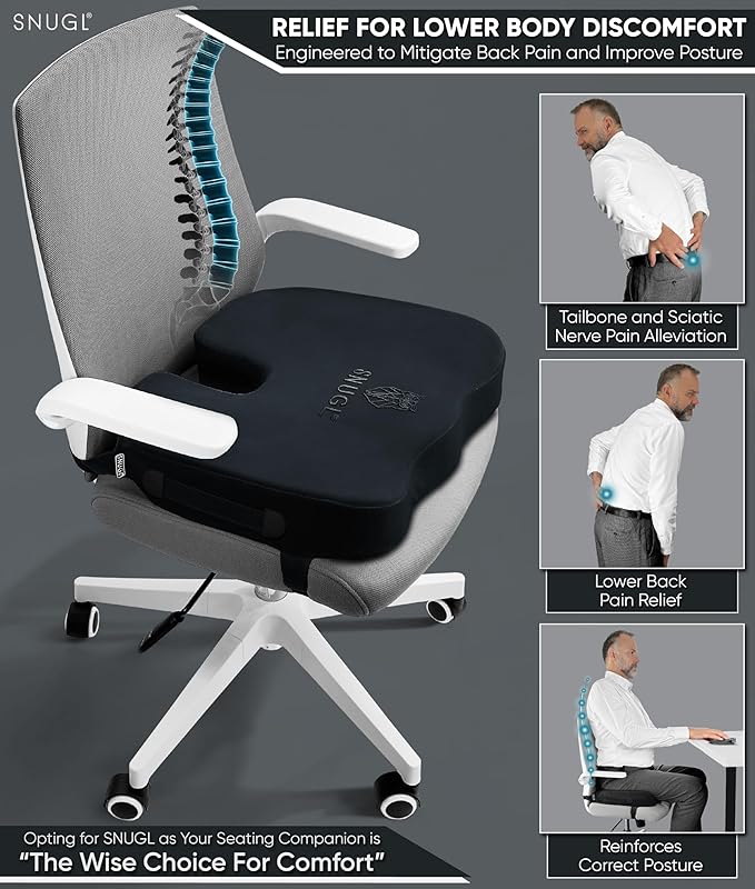 SNUGL Seat Cushion for Tailbone & Back Pain Relief – Orthopedic Memory Foam Coccyx Pillow for Office, Desk & Gaming Chairs – Sciatica & Lower Back Pain Relief, Long Sitting Comfort