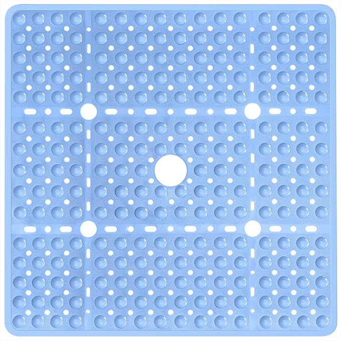 Large Square Shower Mat 27 x 27 Inch Light Blue, Non Slip Shower Bathtub Mats for Inside Shower with Big Suction Cups Drain Holes, Anti Slip Bathroom Floor Stall Mats, Easy Clean, BPA-Free