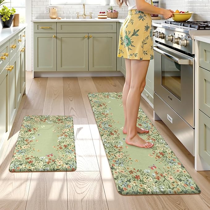 KIMODE Anti Fatigue Kitchen Mats 20"x59"+20"x32", Farmhouse Kitchen Rugs Sets of 2, Cushioned Non Skid Kitchen Mats for Floor, Comfort Kitchen Floor Mats for Sink Laundry Desk Sage Green