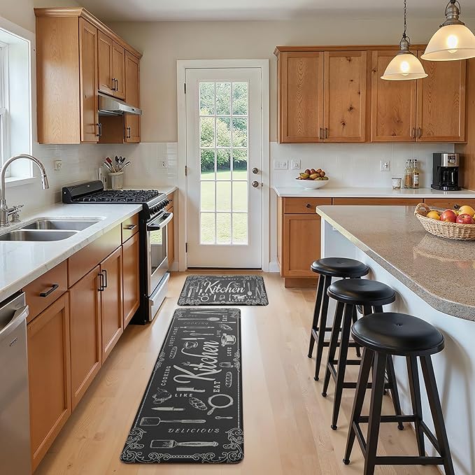 GENIMO Anti Fatigue Kitchen Mats for Floor, Non Slip Washable Kitchen Theme Rugs sets of 2, Farmhouse Cushioned Waterproof Comfort Runner Rug for Kitchen, Sink, Desk, Laundry, 17"x 59"+17"x 30", Black