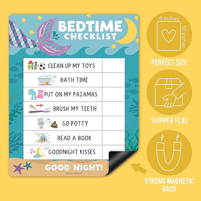 Magnetic Morning & Bedtime Routine Chart for Kids - Customizable Toddler Daily Schedule Board with Dry Erase Surface, Stickers & Marker, Build Habits with Visual Checklists, Mermaid Theme