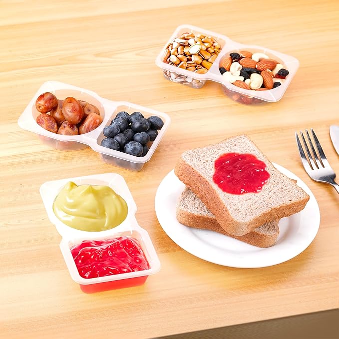 30 PCS Snack Containers with Lids, Portable Divided Snack Containers 2 Compartment Dip Containers Reusable Snack Pack Containers for School Office On-the-Go Travel