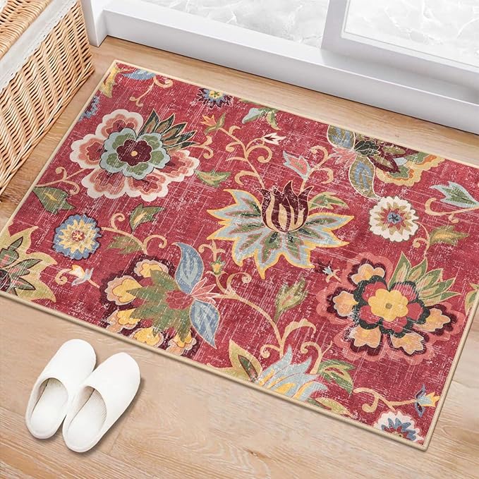 Beeiva Red Kitchen Rugs Non Slip Washable, 2x3 Floral Christmas Kitchen Entry Rug for Entryway Indoor Ultra Thin Small, Vintage Non-Shedding Front Door Mat Indoor Entrance Throw Carpet for Bathroom