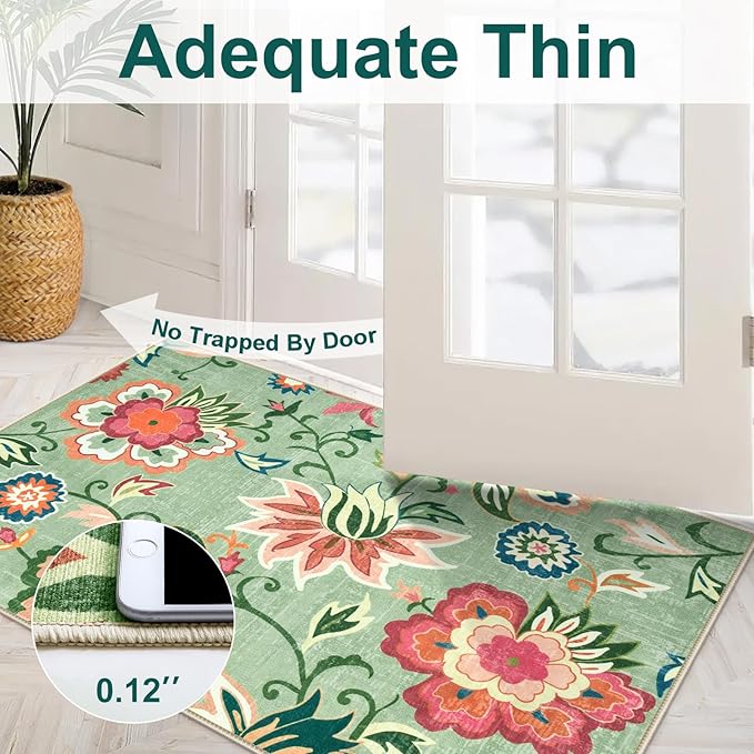 Beeiva Floral 2x3 Washable Rug Non Slip, Ultra Thin Door Mat Indoor Entrance for Kitchen, Non Shedding Green Rug Carpet Entry Way Bedroom Beside Bathroom (Light Green,2'x3')