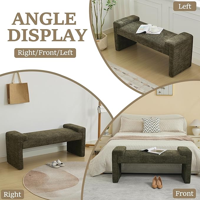 43" End of Bed Bench Upholstered Modern Bedroom Bench for Living Room & Entryway, Easy Assembly, Footrest Ottoman Accent Window Bench with Solid Wood Frame & Curved Arm, Green