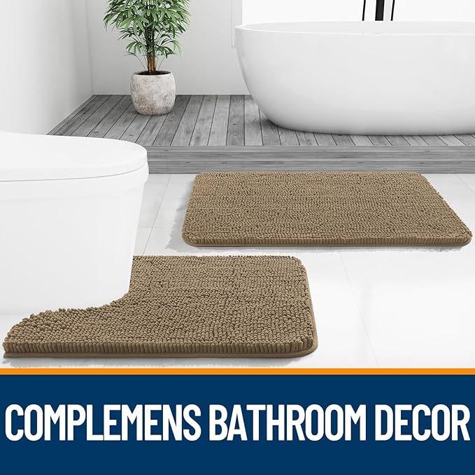 OLANLY Bathroom Rugs Sets 2 Piece, Soft Absorbent Chenille Bath Mats and U-Shaped Contour Toilet Mat Area Rug Set, Machine Washable Bath Carpet, Home Decor Accessories(36"x24"+24"x20", Tan)