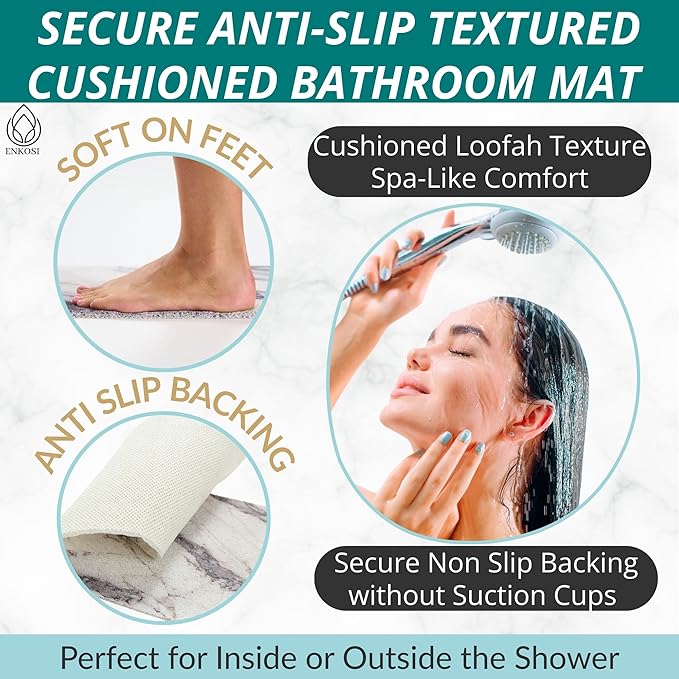 ENKOSI Loofah Non-Slip Shower and Bath Mat - Soft Cushioned Comfort - No Suction Cups for Smooth or Textured Tubs - Fast Draining - Safety for Bathroom, Family, and Elderly (24x16 Marble Grey)