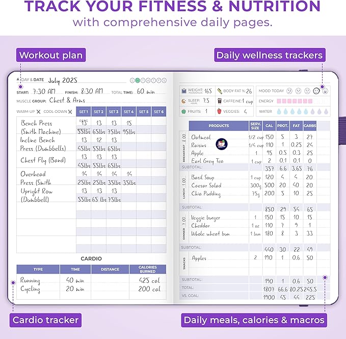 Clever Fox Fitness & Food Journal Pocket – Nutrition & Workout Planner for Women & Men – Diet & Gym Exercise Log Book with Calendars, Diet & Training Trackers – Lasts 3 Months, 4.3x5.5” (Purple)