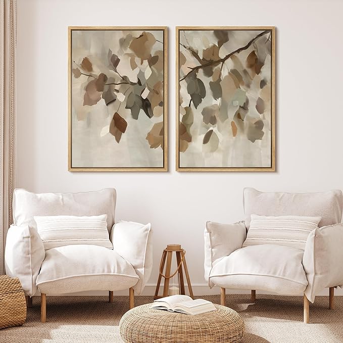 MUDECOR Framed Canvas Print Wall Art Set Abstract Leaf Branch Minimalist Nature-Inspired Beige and Brown Calm for Living Room, Bedroom, Office - 16"x24"x2