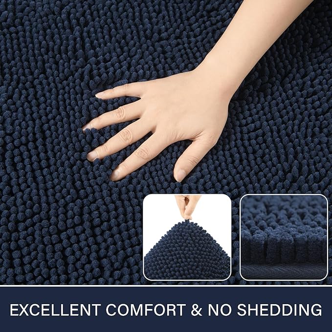 LOCHAS Luxury Bathroom Rug Shaggy Bath Mat 24 x 70 Inch, Washable Non Slip Bath Rugs for Bathroom Shower, Soft Plush Chenille Absorbent Carpets Mats, Navy