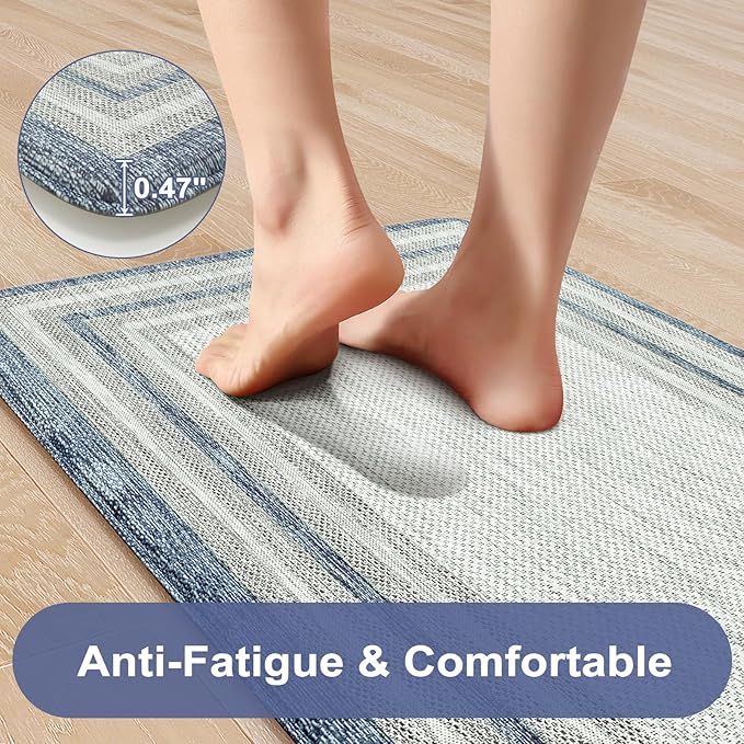 KIMODE Anti Fatigue Kitchen Mats for Floor 2 Piece, Farmhouse Kitchen Rugs Non Slip, Padded Kitchen Floor Mats Non Slip, Cushioned Standing Mats for Sink Laundry Desk Blue Grey 20"x59"+20"x32"