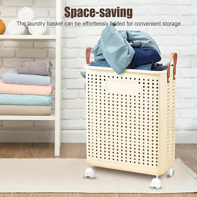 55L Collapsible Laundry Basket with Wheels - Foldable Slim Laundry Hamper for Dorm, Apartments - Portable Clothes Organizer Carts with Wheels, Handles - Collapsible Storage Bins for Clothes, Toys