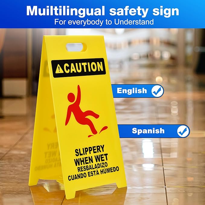 MATTHEW CLEANING 25'' Industrial Wet Floor Sign 3 Pack 2-Sided Durable Corrugated Plastic Birght Yellow Multilingual Warning Signs Commercial Caution Wet Fold-out Floor Signs For Indoors