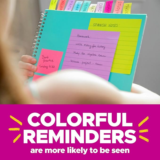 Post-it Super Sticky Notes, Assorted Bright Colors, 3x3 in, 15 Pads, 45 Sheets/Pad, 2X The Sticking Power, Recyclable, Multi-Color (Pack of 6)