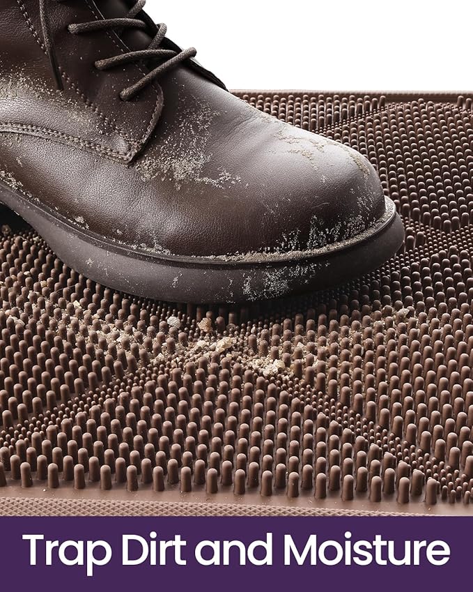 DEXI Front Door Mats Outside Entrance, 17x36 Rubber Waterproof Dirt Trapping Entry Mat for Entryway, Heavy Duty Non-Slip Low-Profile Welcome Doormat All Weather for Patio, Brown