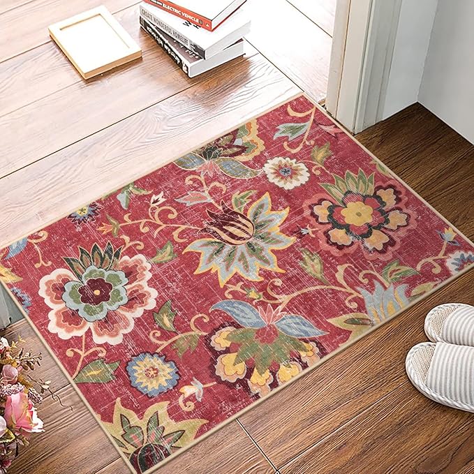 Beeiva Red Kitchen Rugs Non Slip Washable, 2x3 Floral Christmas Kitchen Entry Rug for Entryway Indoor Ultra Thin Small, Vintage Non-Shedding Front Door Mat Indoor Entrance Throw Carpet for Bathroom