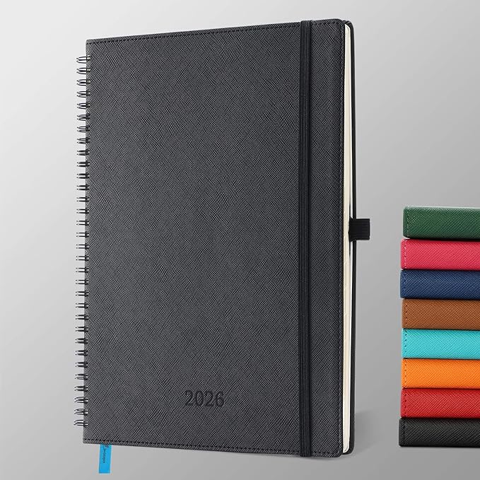 Planner 2026 Daily Weekly and Monthly,11.5"x8.5",12 Months Spiral Bound Calendar Agenda with Self-adhesive Pen Holder,2026 Appointment Book with Vegan Leather Soft Cover,Black