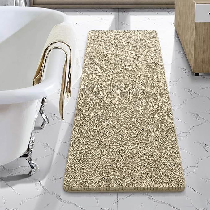 LOCHAS Luxury Bathroom Rug Shaggy Bath Mat 48 x 17 Inch, Washable Non Slip Bath Rugs for Bathroom Shower, Soft Plush Chenille Absorbent Carpets Mats, Beige