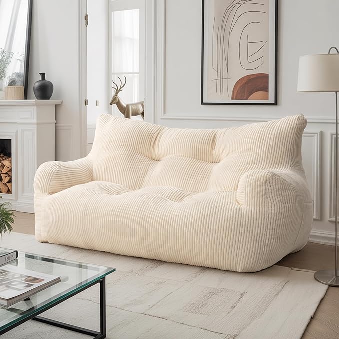 59" Bean Bag Chair,2 Seat Loveseat Sofa,Corduroy Lazy Sofa Bed for Adults,Fit Living Room, Bedroom,Outdoor Spaces,Ultra Soft Dutch Velvet,Fluffy Comfort Washable Cover,72h Rebound,White