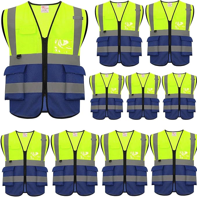 zojo High Visibility Safety Vests With Pockets, Pack of 10,Wholesale Reflective Vest for Outdoor Works, Cycling, Jogging, Walking,Sports - Fits for Men and Women(XL- Mesh-Mix Yellow & Blue)