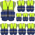 zojo High Visibility Safety Vests With Pockets, Pack of 10,Wholesale Reflective Vest for Outdoor Works, Cycling, Jogging, Walking,Sports - Fits for Men and Women(XL- Mesh-Mix Yellow & Blue)